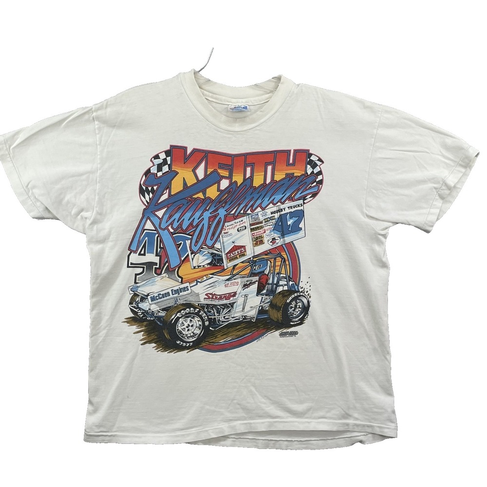 VTG Jerzees Tee Large 1995 Keith Kauffman Racing Car‎ Double Graphic Made in USA